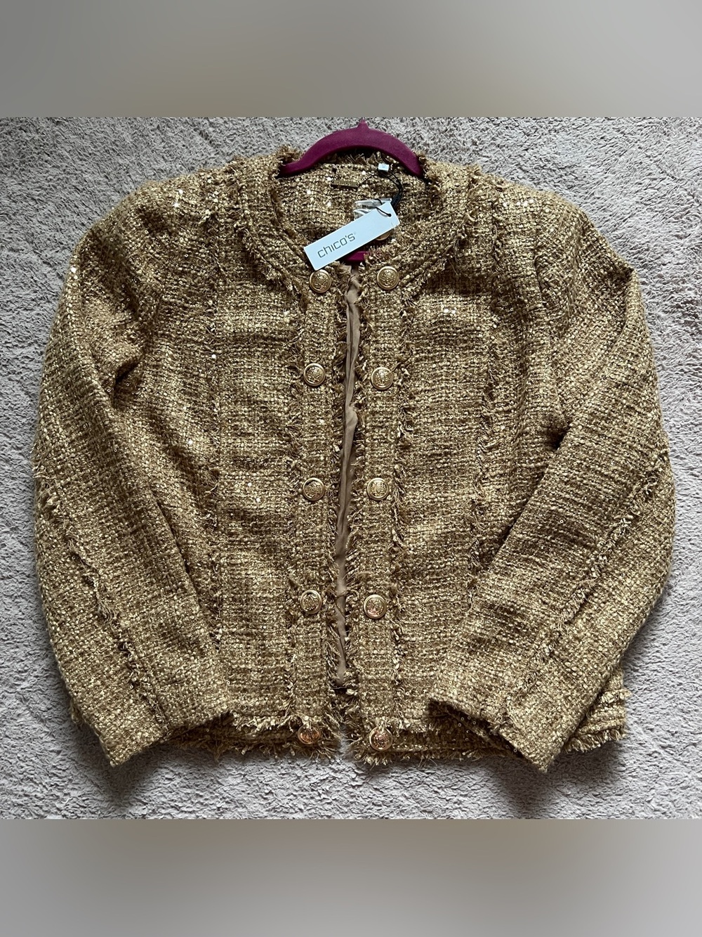 NWT Chico's Gold Tweed Blazer Jacket Fringe Trim Elegant Old Money Luxury Sz M - Picture 2 of 8